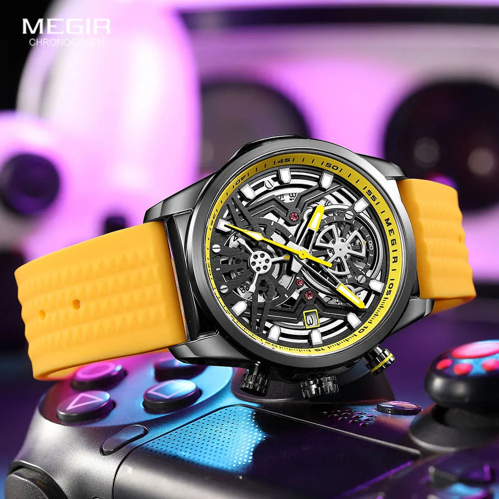 Montre Homme Quartz, Chronographe, Étanche, Silicone Jaune, Lumineuse