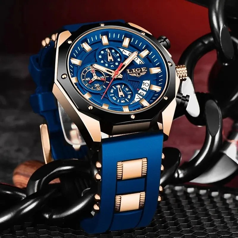 Montre Homme LIGE Luxe, Quartz, Silicone, Sport, Étanche, Chronographe, Date