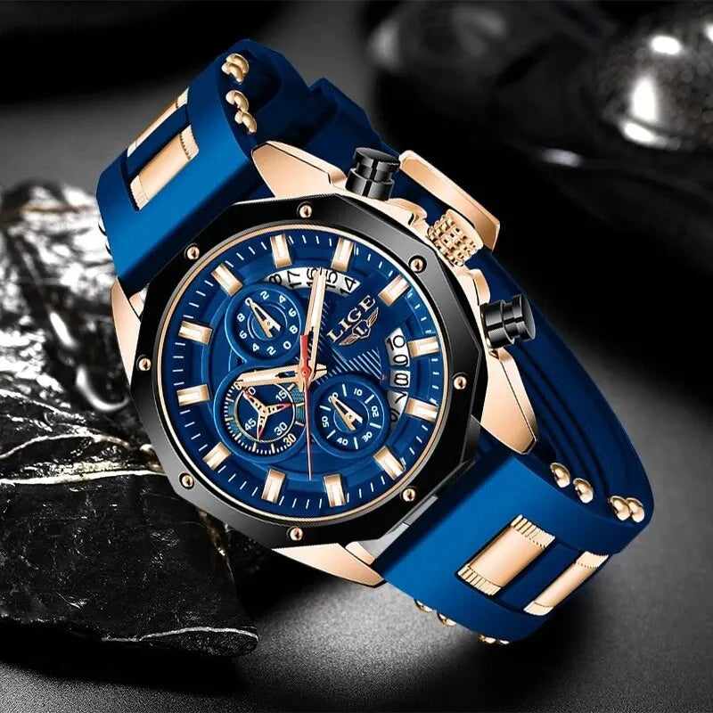 Montre Homme LIGE Luxe, Quartz, Silicone, Sport, Étanche, Chronographe, Date