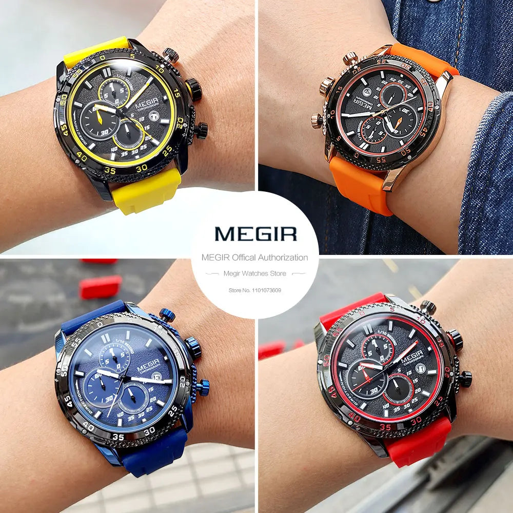 MEGIR Quartz, Chronographe, Bracelet Silicone, Étanche, Luminance, Date Automatique