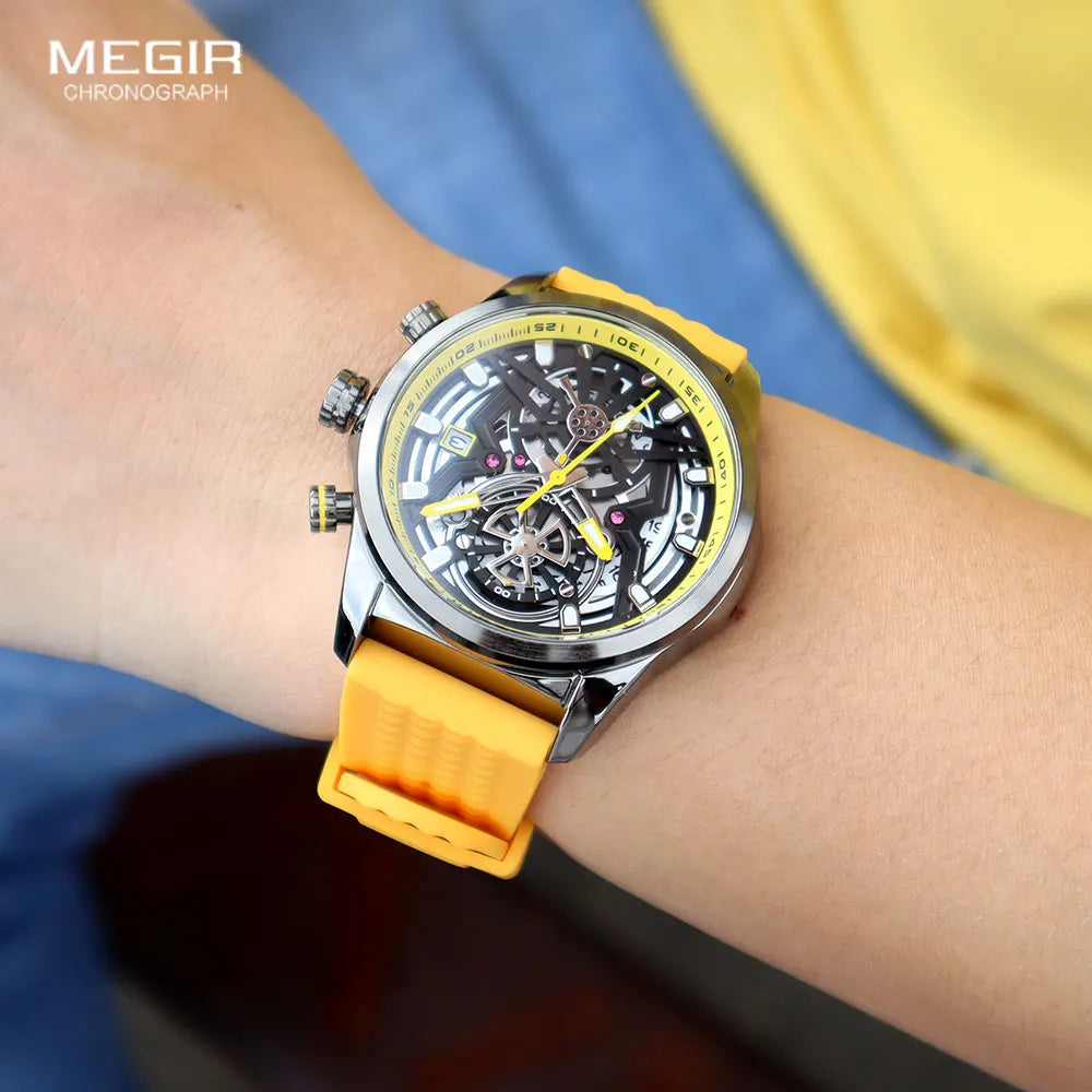 Montre Homme Quartz, Chronographe, Étanche, Silicone Jaune, Lumineuse