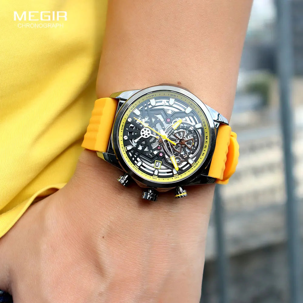 Montre Homme Quartz, Chronographe, Étanche, Silicone Jaune, Lumineuse