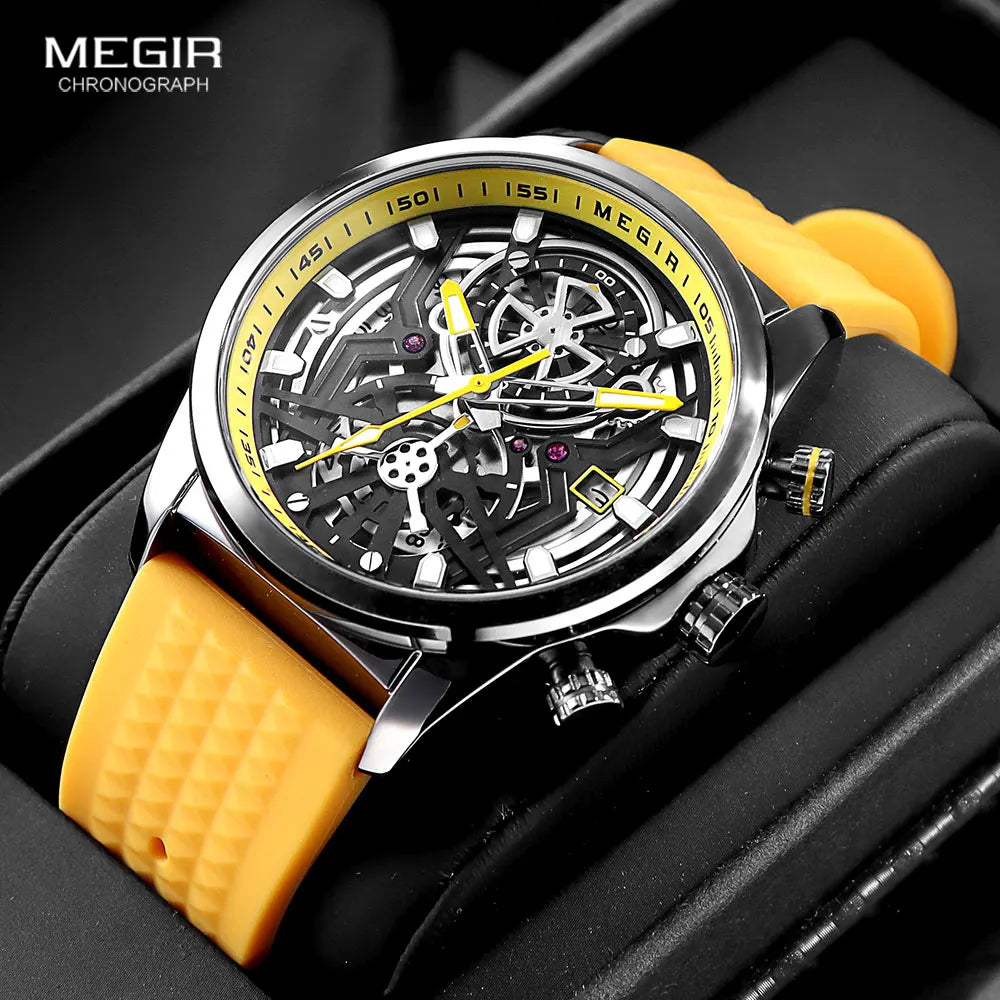 Montre Homme Quartz, Chronographe, Étanche, Silicone Jaune, Lumineuse