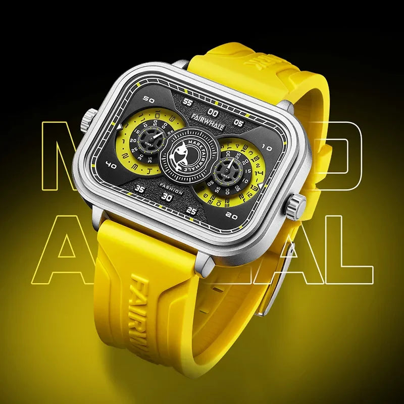 Montre MF Quartz, Sport, Double Fuseau Horaire, Étanche, Silicone, Carrée, Luxe