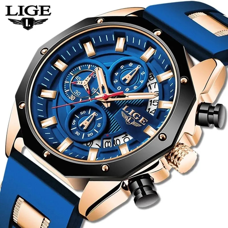 Montre Homme LIGE Luxe, Quartz, Silicone, Sport, Étanche, Chronographe, Date