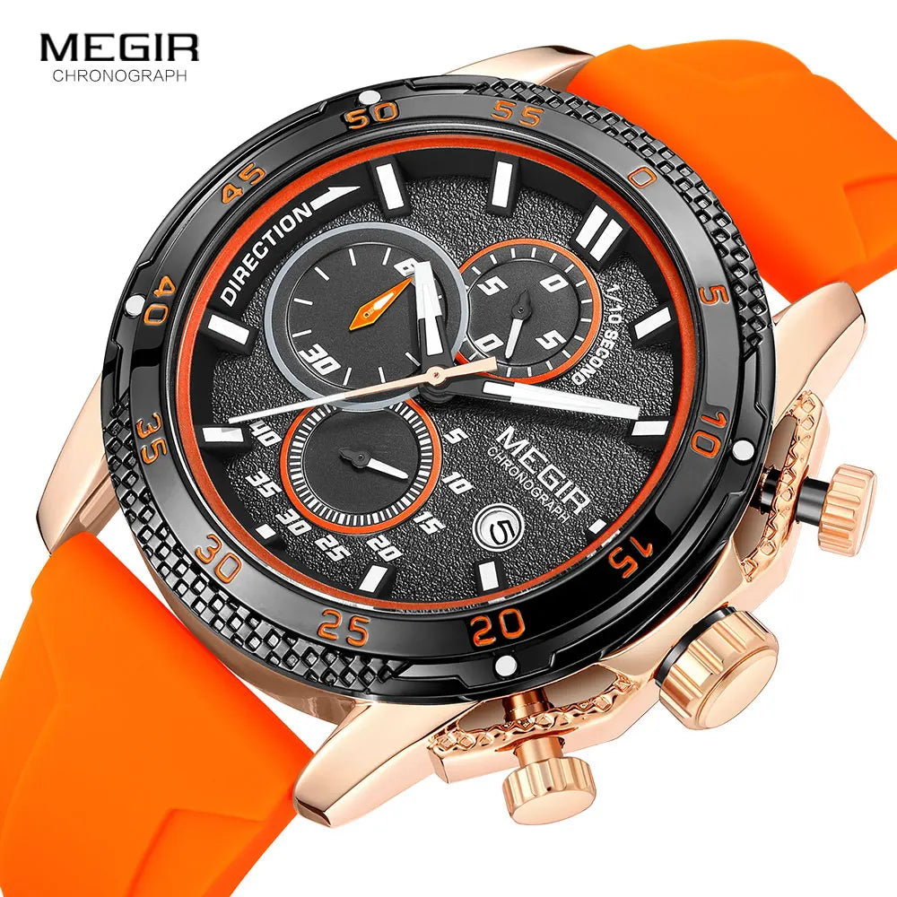 MEGIR Quartz, Chronographe, Bracelet Silicone, Étanche, Luminance, Date Automatique